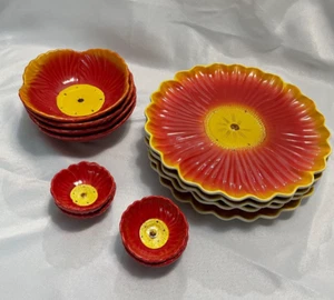 RED AND YELLOW FLOWR shaped plates, salad and condiment bowls.  Fun & colorful! - Picture 1 of 8