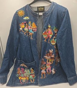 Giacca aperta vintage L Bob Mackie indossabile arte donna denim ricamato sfilata - Foto 1 di 12
