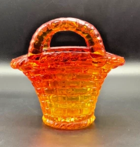 Vintage Amberina Glass 3.75” Basket Figurine 2-Handled Weave Pattern, Glows - Picture 1 of 4