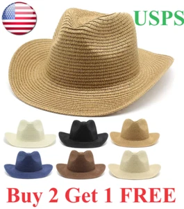 Cowboy straw hat western denim warped edge performance jazz hat beach hat - Picture 1 of 15