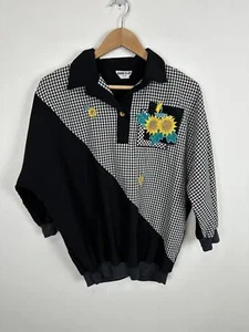 Vintage Sunflower Checkered Embroidered Sunflower Polo Pullover SIZE L - Picture 1 of 5