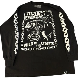 T-shirt grafica RUSTY BUTCHER motociclista uomo grande nera maniche a catena - Foto 1 di 9