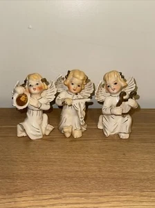 3 Angeli Natalizi Vintage 4” Ali e Strumenti Bordati Oro Ceramica Giappone - Foto 1 di 5