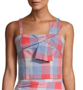 Parker Damen bauchfreies Oberteil XS Clementina blau rot kariert kariert gesmoktes Leinentop neu mit Etikett - Bild 1 von 12