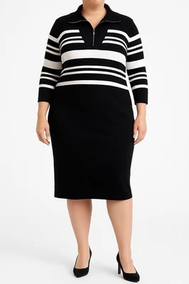 Vestido Suéter Cato Talla 22/24W Negro Blanco Rayas Cuello Cremallera Midi Tejido Suave Foto 1 de 4
