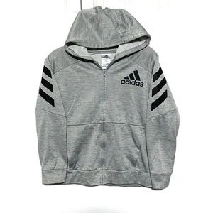 Adidas Gray Black Full Zipper Jacket Hoodie Sweatshirt Kids Boys M 10-12 Stripes - Picture 1 of 8