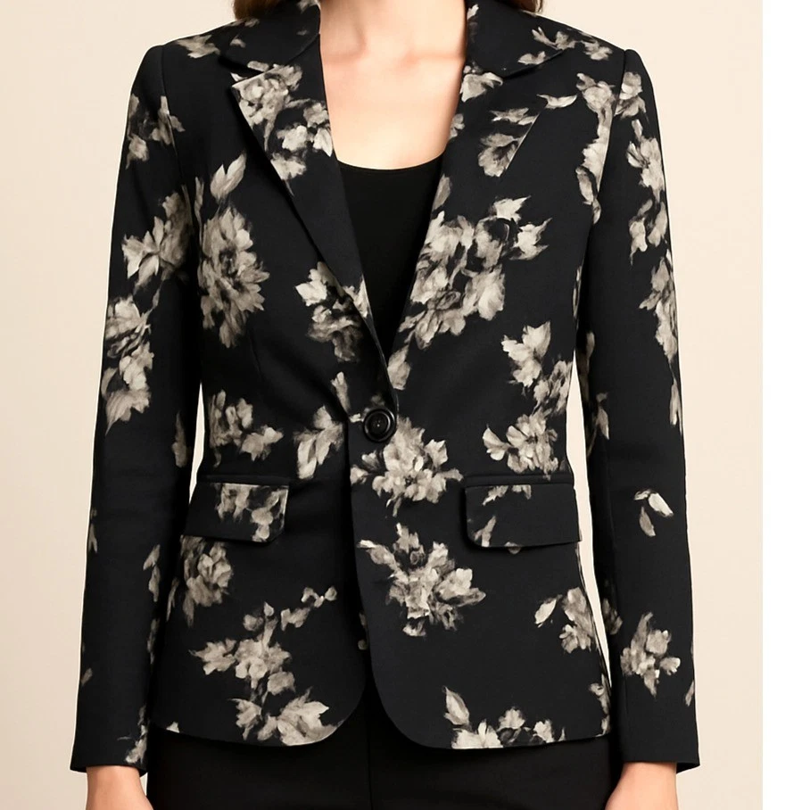 Chaqueta Blazer Para Mujer XS Negra Blanca Floral Calce Ajustado INC International Concepts Foto 1 de 4