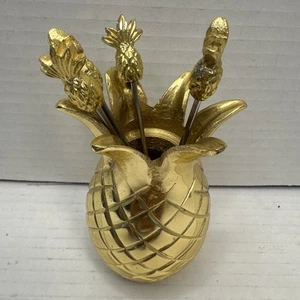 Set Of 4 Pineapple Coctail Picks With Pineapple Holder. By Goldfinger - Picture 1 of 8