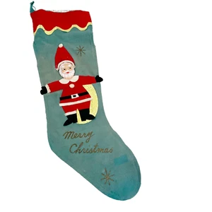 Vintage Mid Century Felt Christmas Stocking 3D Plastic Face Santa Head Green 60s - Picture 1 of 8