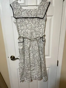 Vintage White Eyelet Belted Dress w/ Wide Collar & Decoratiive Black Edging - Picture 1 of 5