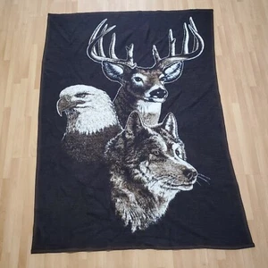 Biederlack Blanket Throw Buck Wolf Eagle Man Cave Hunting Wildlife 70" x 50" - Picture 1 of 10