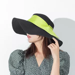 Women's Ribbon Straw Hat Floppy UV Protection UPF2000 Wide Sun Beach Cap *Black* - Picture 1 of 9