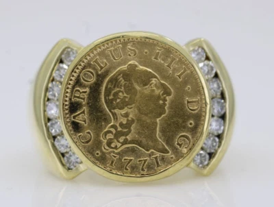 1771 ½ Escudo Charles III 21K Gold Spanish Coin in 18K Gold Diamond Ring Sz 6.5 - Image 1 of 4