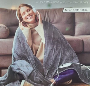 ELECTRIC HEATED THROW OVER BLANKET BLACK SOFT FLEECE WASHABLE 130 x 180 CM BLACK - Picture 1 of 16