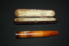 Bernstein Zigarrenspitze m. Etui um 1920, Justus Woythal Frankfurt (?) Lg 12 cm