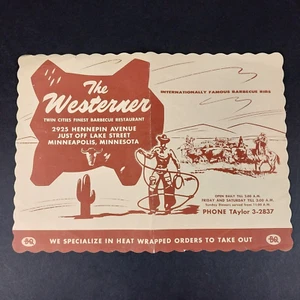 Tovaglietta vintage anni '50 The Westerner Barbeque Restaurant Minneapolis MN - RARA - Foto 1 di 5