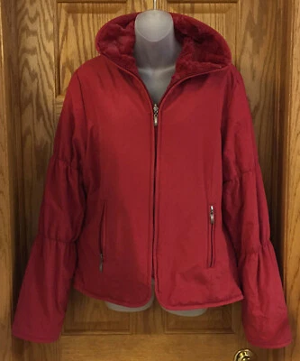 Jacket Red Suede Like Faux Fur Womens Zip Reversable Size Large Regent Park SOFT - Image 1 of 4