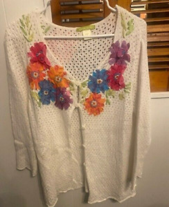 Sigrid Olsen Sweater Women's 1X Cardigan Open Knit Floral