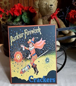 CUTE VINTAGE ANTIQUE PRIMITIVE STYLE AMERICA PARLOUR KID RIDES ON FIREWORKS SIGN - Picture 1 of 12