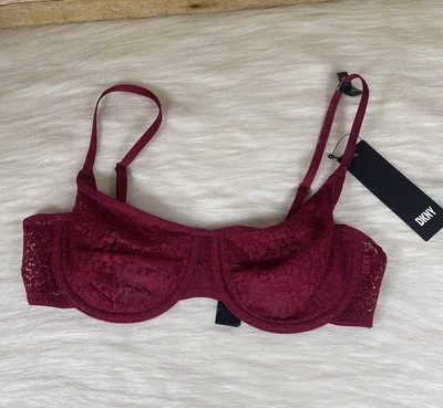 NUEVO CON ETIQUETAS DKNY Sujetador Demi Moderno de Encaje Sin Forro Borgoña Talla 32C Foto 1 de 4