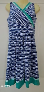 NEU Lands End Fit & Flare Stretch geometrisches Surplice aquablau Kleid GR/M 10/12 - Bild 1 von 8