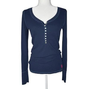 Y2K Aeropostale Shirt L Henley Waffle Knit Navy Pink Elena Gilbert Bella Swan - Picture 1 of 8