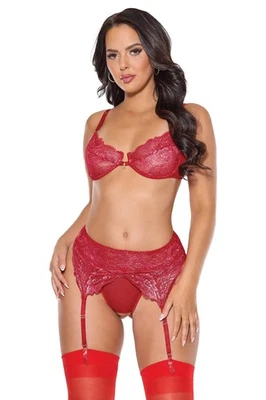 Conjunto de sujetador braguita liguero sin entrepierna de encaje metálico Coquette rojo/plateado Foto 1 de 4