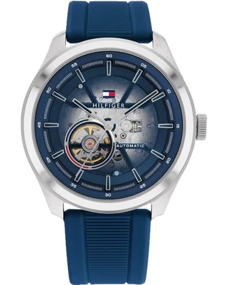 TOMMY HILFIGER AUTOMATIC 1791885 BLUE DIAL BLUE LEATHER STRAP 45MM MENS WATCH - Image 1 of 3