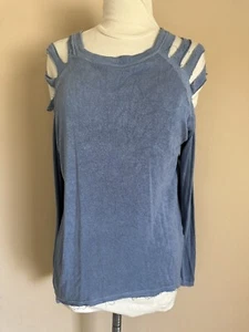 Elan Sweater Women's Medium Blue Cold Shoulder Raw Hem Crew Neck Pullover - Picture 1 of 5