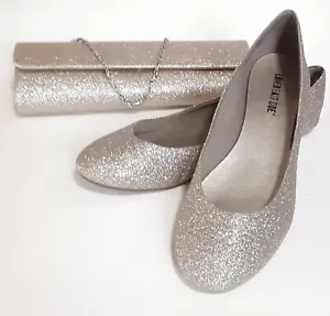 Shoes Ballet Flat Gold Glitter Size 9 and Matching Handbag Purse - Picture 1 of 11