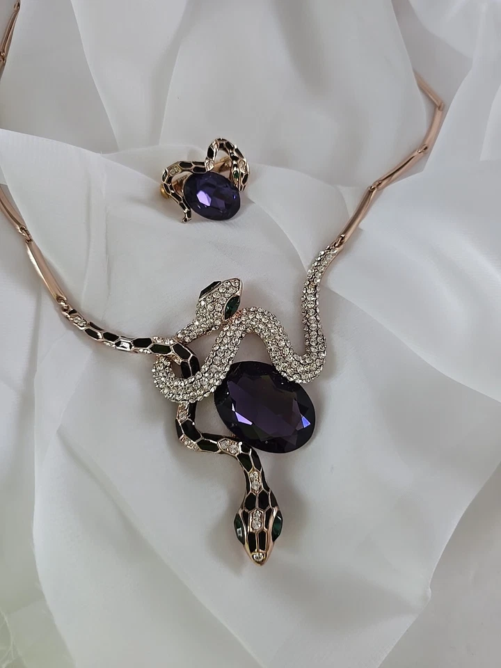 Viennois Double Snakes Necklace with Pin Set Rose Gold Plated Purple Gem 19" Foto 1 de 4