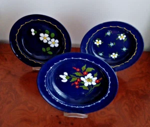 Wandteller Emaille 3 Teller aus Metall Blumen Handbemalt Kobaltblau 60er - 70er - Bild 1 von 7