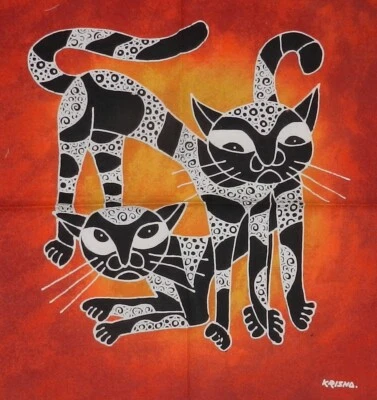 Designer Krisna Orange/Red Batik Panel w/2 Black/White Cats - 16 1/2" x 16 1/2" - Image 1 of 2