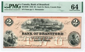1859 $2 Bank of Brantford Remainder, Cat 40-12-04R, PMG Choice UNC 64 - Picture 1 of 2