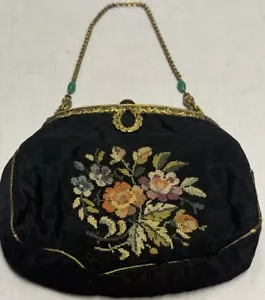 Antique French Embroidered Velvet Evening Bag Brass Metal Clasp Jeweled Strap - Picture 1 of 19