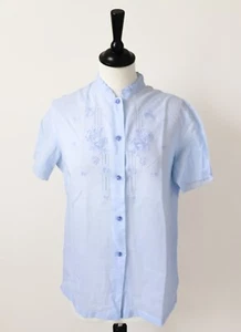 Kurzärmelige bestickte Vintage Baumwollbluse - blau - passend für M/UK 12 - Bild 1 von 8