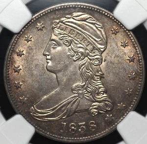 1838 REEDED EDGE CAPPED BUST HALF "HALF DOL." VARIETY NGC MS 62 NICE SATINY - Picture 1 of 13