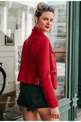 Women's Real Lambskin Leather Motorcycle Biker Jacket Quilted Red Zipper Coat - Image 1 of 4