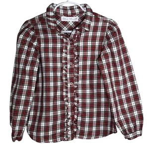 Zara Top Girls Sz 7 Red White Long Sleeve Button Down Shirt Plaid Ruffle Casual - Picture 1 of 10