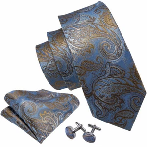 Cravatta, fazzoletto e gemelli blu con paisley oro - Foto 1 di 4