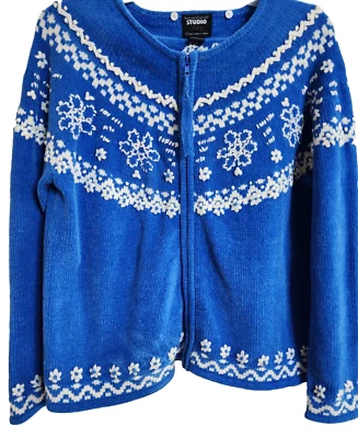 Suéter Chaqueta Navidad Años 90 Cremallera Completa Tejido Studio Joy Para Mujer XL Azul Copo de Nieve Foto 1 de 4