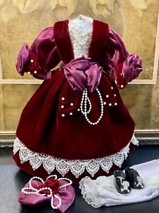 Gorgeous Vintage Maroon, Velvet Dress For Antique Doll-Fit 14 In Doll - Picture 1 of 11
