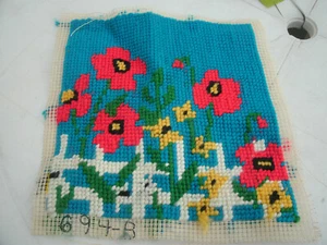 Vintage Crewel /Embroidery **Red Flowers on Blue* Unframed --13 x 13" - Picture 1 of 1