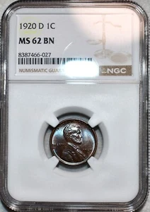 NGC MS-62 BN 1920-D Lincoln Cent, Attractively Toned & Superbly Struck. - Picture 1 of 2