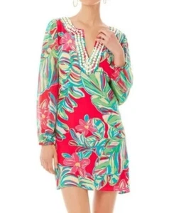 Lilly Pulitzer Seamus Pomegranate Jungle Tumble Print Silk Beaded Collar Dress 0 - Picture 1 of 16