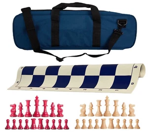 Juego de ajedrez de lujo de peso único azul marino - tablero, bolsa con piezas rojas y naturales - Imagen 1 de 5