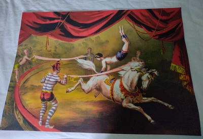 Impresión de póster vintage grande de 70 x 50 cm de acróbata a caballo con payasos circo Foto 1 de 4