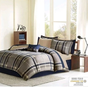 Intelligent Design Twin Navy Blue & Taupe Plaid Comforter Set Sheet Set - Picture 1 of 2