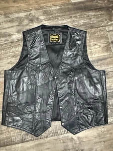 Leather Motorcycle Vest Black Genuine Leather Men’s Large Snap Buttons Biker - Picture 1 of 4