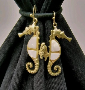 Sea Horse Gold Design Mother Of Pearl Style Earrings Dangle - Picture 1 of 6